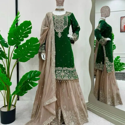 Women Faux Georgette Sharara Indian Suit Party Wear Wedding Set