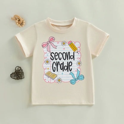 Toddler Baby Little Girl Back to School T Shirts Short Sleeve Grade Print Casual Summer Tops 4-11 Years