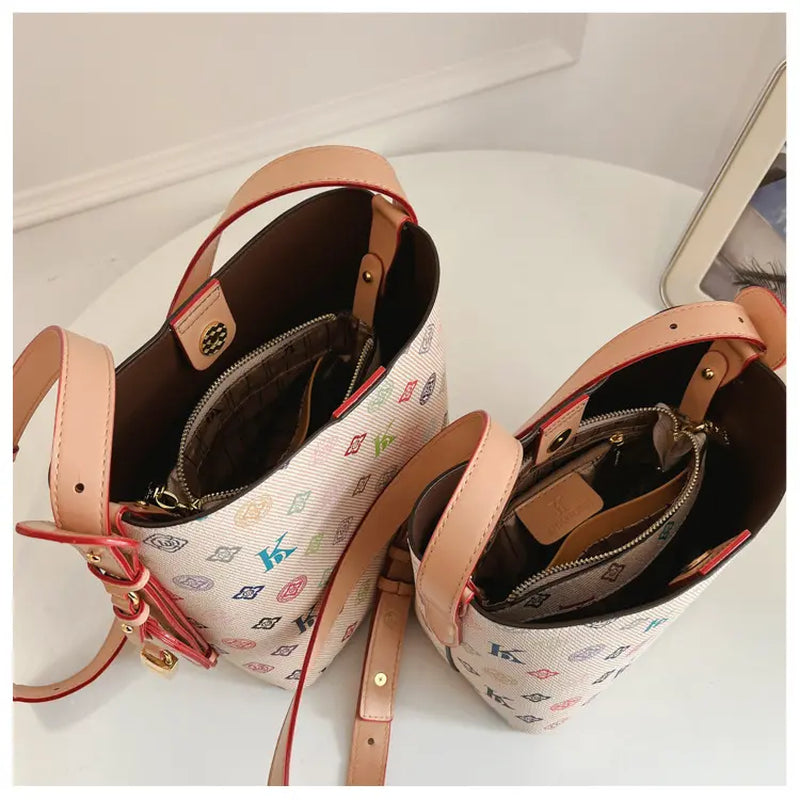 Women'S 2026 New Arrival Premium-Quality Vintage Printed Beige Bucket Bag, Crossbody & Shoulder Tote