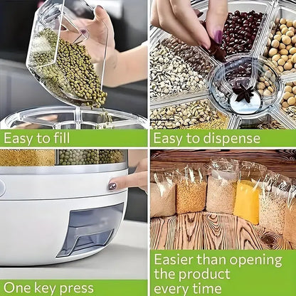 6-Grid 360° Rotating Grain Storage Container Dispenser with 1-Click Output, Kitchen Utensils for Rice, Small Grains and Beans