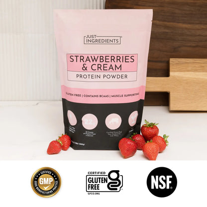 Just Ingredients Strawberries & Cream Protein Powder - 20 Serving Blend with 100% Grass-Fed Whey & Organic Plant Proteins – Real Strawberry Flavor – Supports Muscle Recovery, Energy*