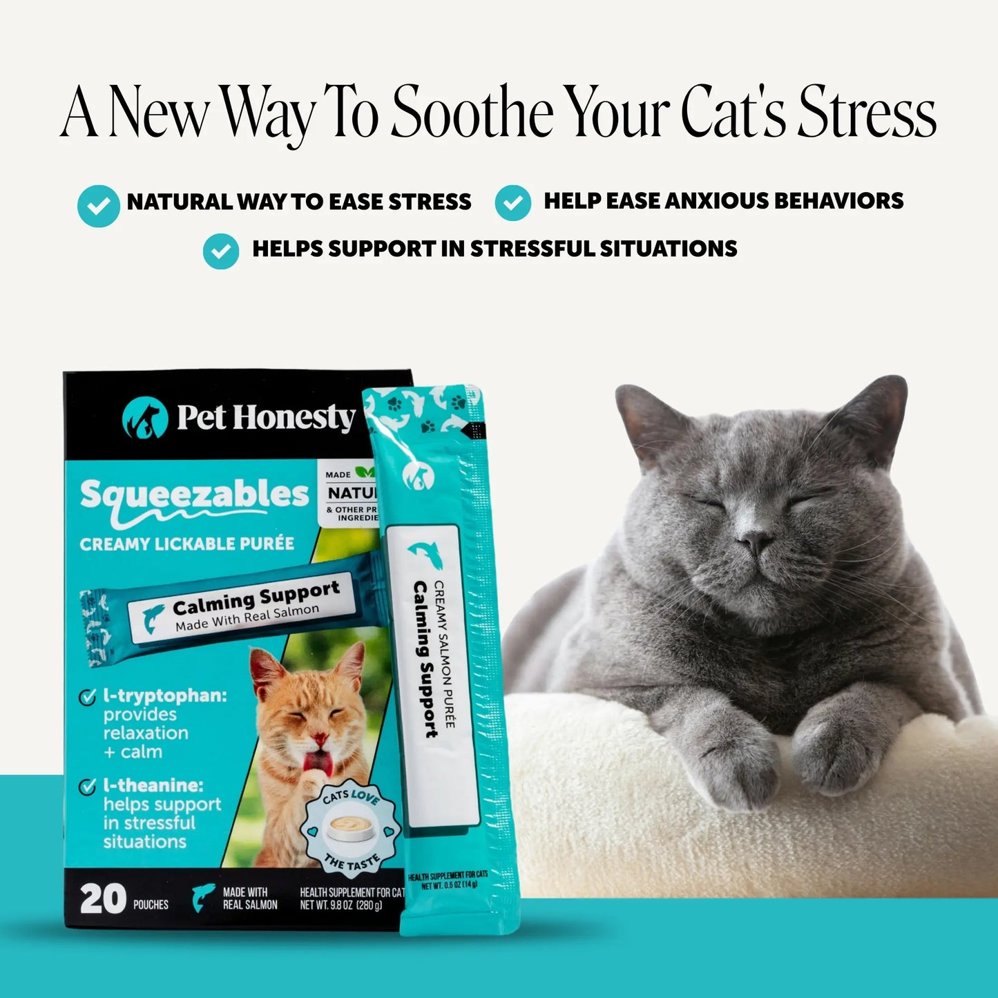 Pet Honesty Squeezables Calming Supplement Lickable Purees for Cats with Real Salmon, 20 Pouches
