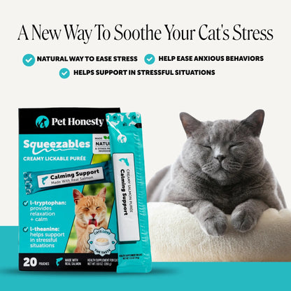 Pet Honesty Squeezables Calming Supplement Lickable Purees for Cats with Real Salmon, 20 Pouches