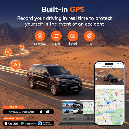 4K 4 Channel Dash Cam Front & 170° to 150° Ultra-Wide Angle 4Lenses Simultaneous Recording 5.8Ghz Wifi GPS 8 IR Lights Gravity Sensor Loop Recording 128GB SD Card Video Dashcam 4-Lens