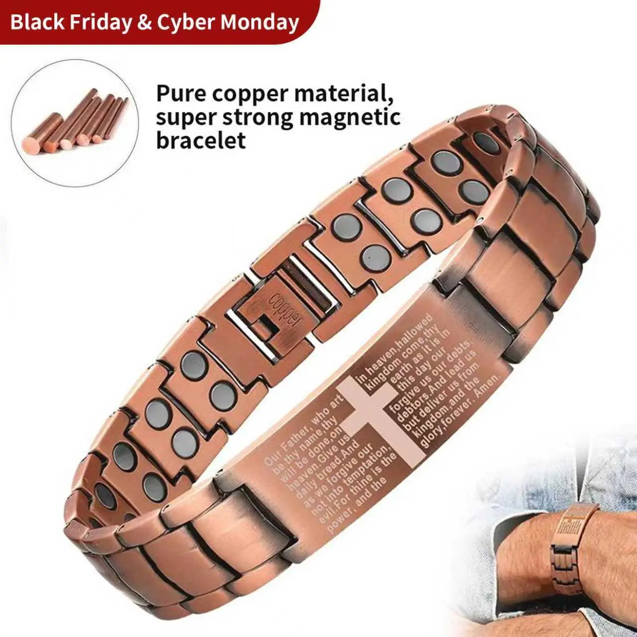 A Red Copper Magnetic Energy Bracelet with Magnets, Featuring Functions of Relieving Fatigue, Promoting Blood Circulation and Alleviating Joint Discomfort. It Is Suitable as a Gift for Father'S Day or for Giving as a Birthday Present to Elders.