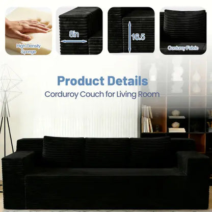 71-Inch 3-Seat Boneless Sofa, Corduroy Foam Couch with 3 Throw Pillows, Straight Arms, Side Pockets, No Assembly Required