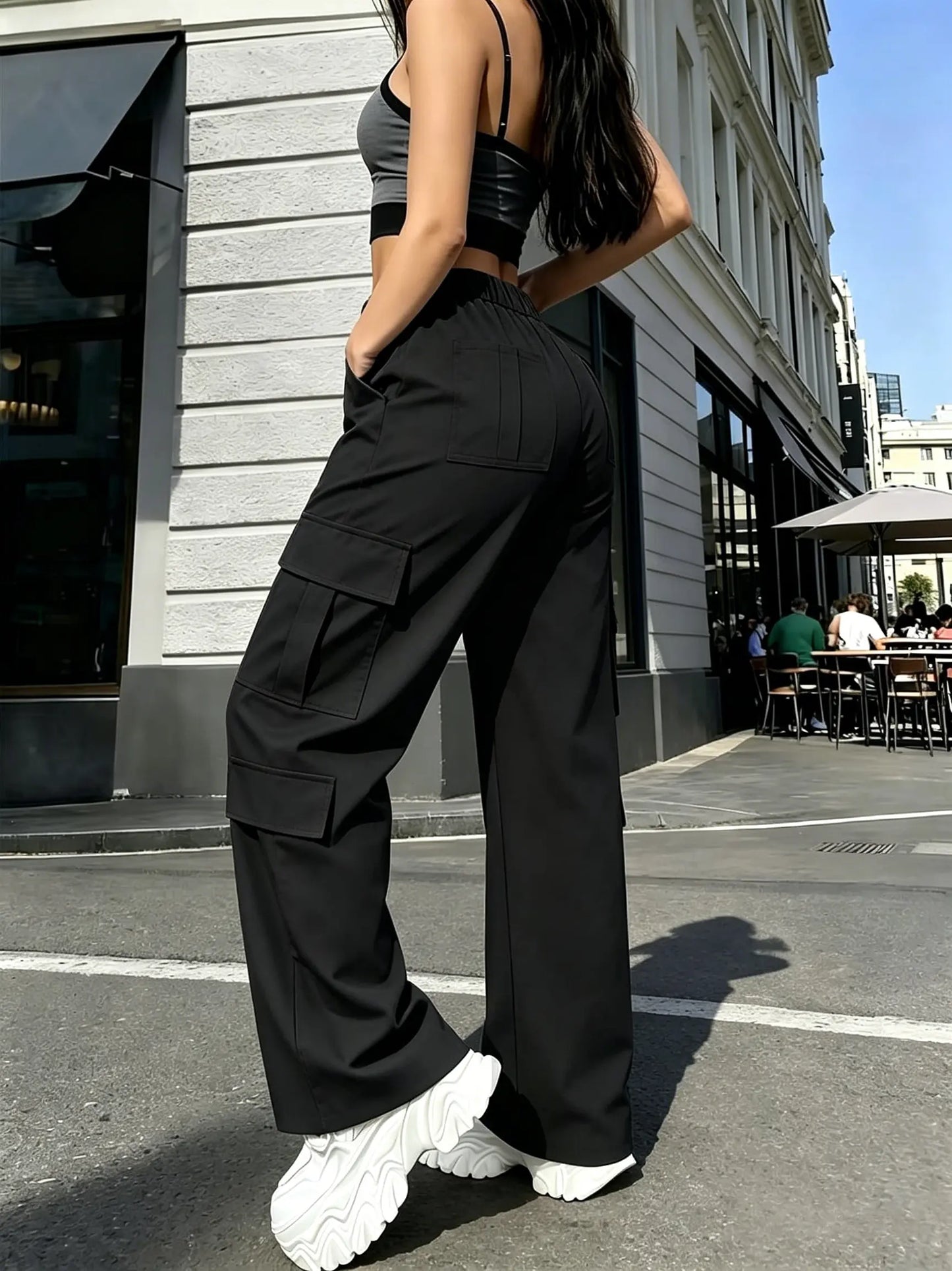 Women’S Cargo Straight-Leg Pants, Mid-Rise Elastic Waistband, Large Side Pockets, Drapey Fabric, Versatile Wide-Leg Floor-Length Casual Pants, Street-Style Trendy Long Pants Summerwins