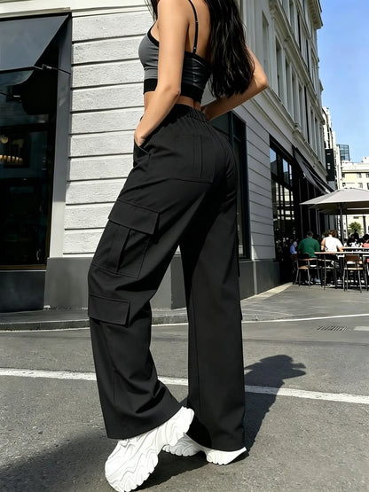 Women’S Cargo Straight-Leg Pants, Mid-Rise Elastic Waistband, Large Side Pockets, Drapey Fabric, Versatile Wide-Leg Floor-Length Casual Pants, Street-Style Trendy Long Pants Summerwins