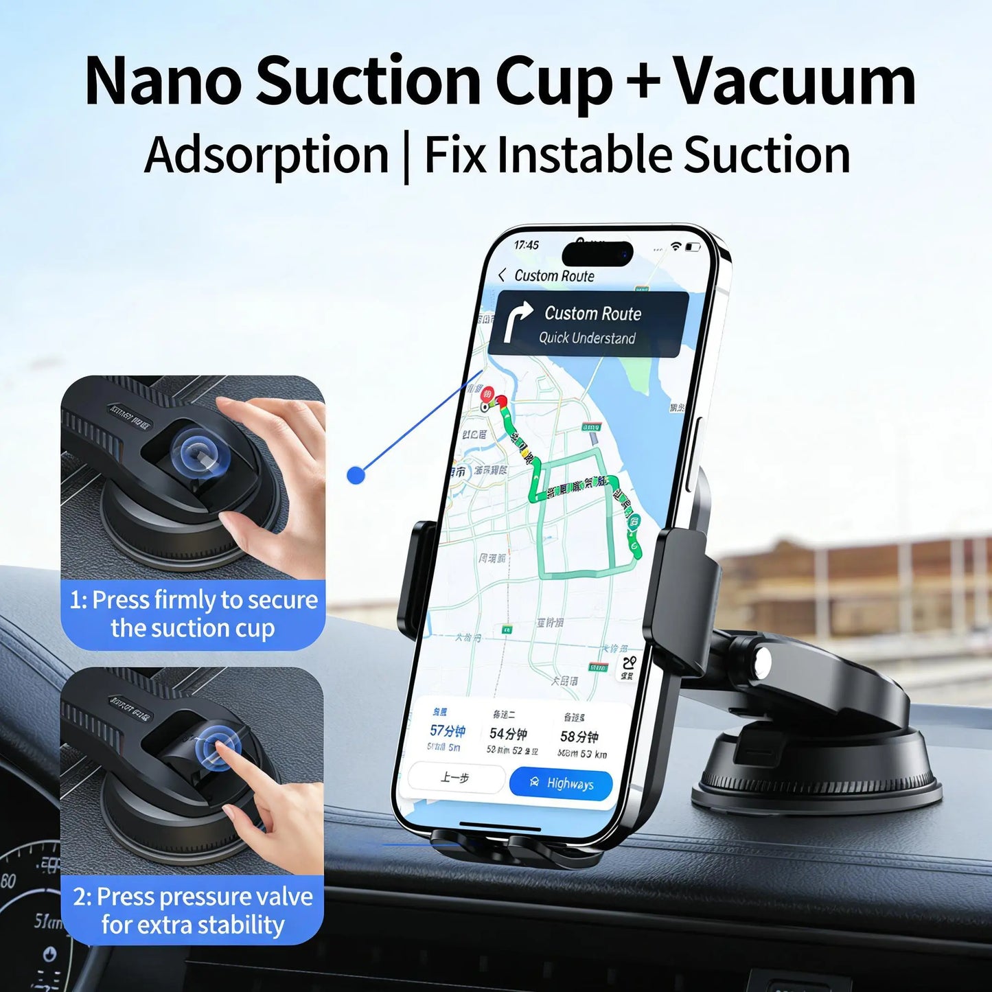 Black Tech Vacuum Car Phone Holder Cell Phone Mount for Dashboard Windshield Vent Wall Truck Cradle Stand for Iphone 17 Pro Max 16 15 14 13 Android with 999X Vacuum Suction