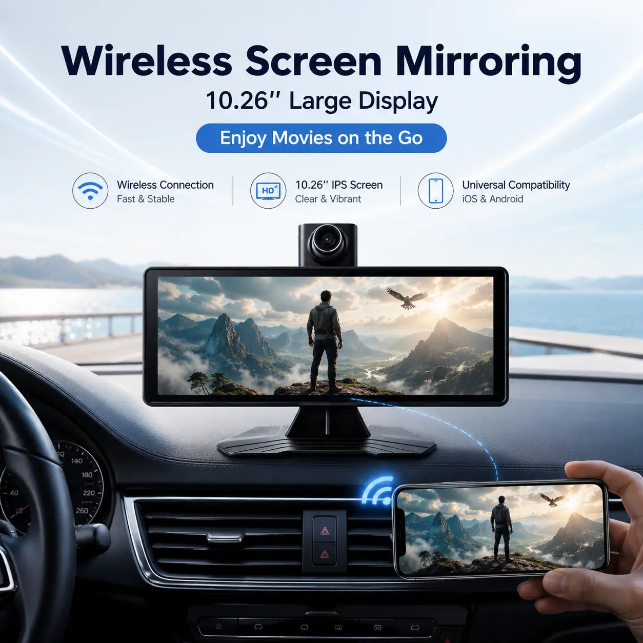 10.26 Inch Full HD Car Touch Screen, Wireless Carplay & Android Auto, Smart Voice Control, Built-In Dash Cam, Auto Pop-Up Rear View Camera, Universal for All Vehicles