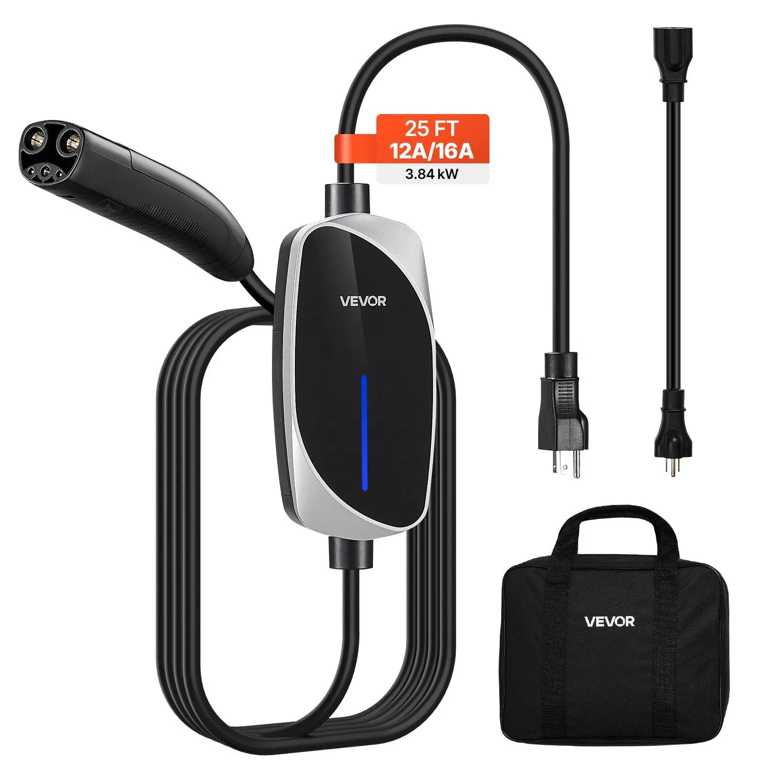 【Summerfinds】Vevor Level 1/2 Tesla Charger, 16 Amp, Portable Electric Car EV Charger with 25 Ft Charging Cable, 120V-240V, NEMA 6-20P Plug NEMA 5-15 Adapter, LED Indicator, NACS Connector for Tesla Model Y/X/3/S