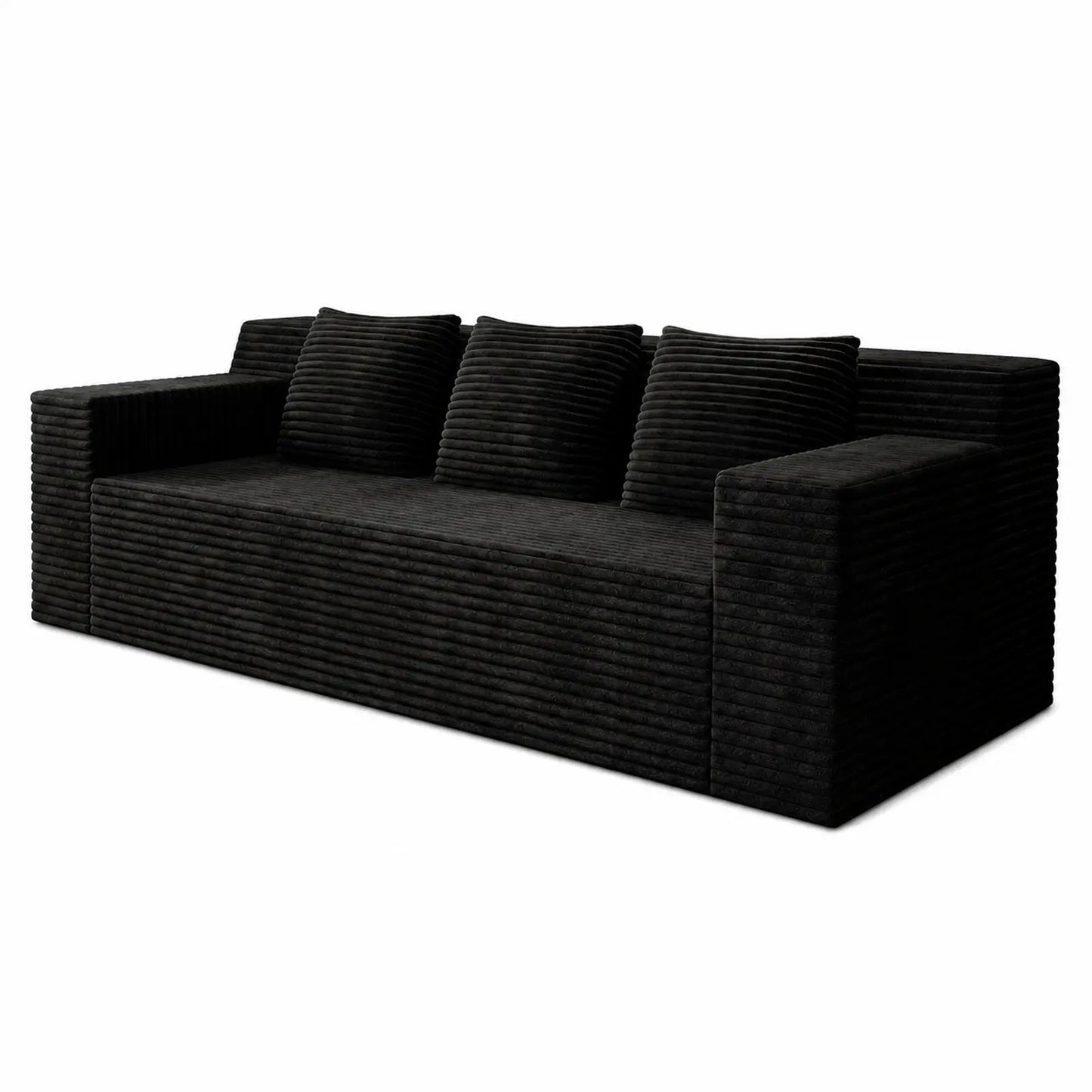 71-Inch 3-Seat Boneless Sofa, Corduroy Foam Couch with 3 Throw Pillows, Straight Arms, Side Pockets, No Assembly Required