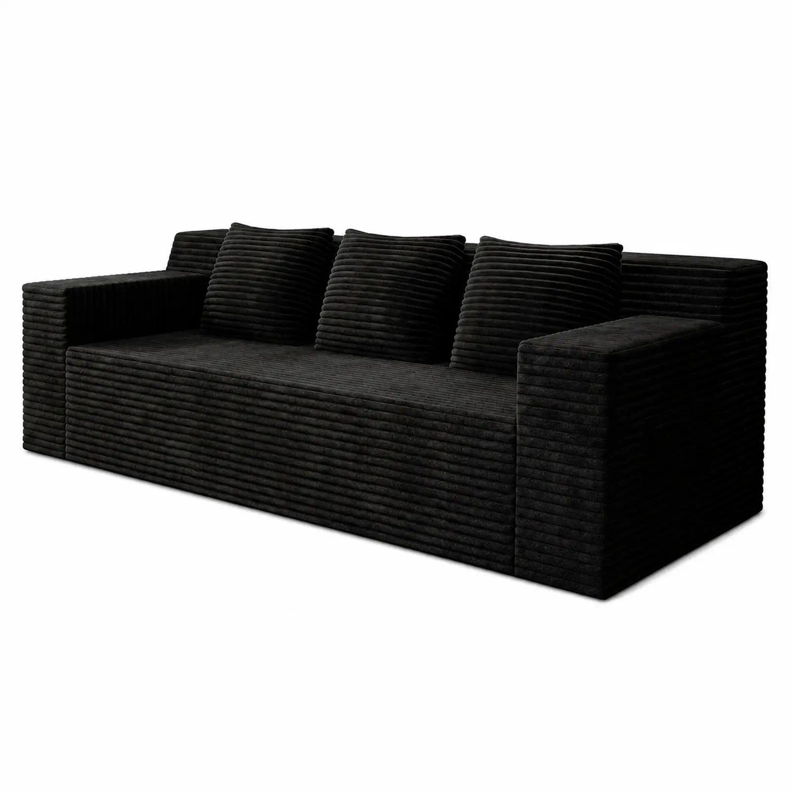 71-Inch 3-Seat Boneless Sofa, Corduroy Foam Couch with 3 Throw Pillows, Straight Arms, Side Pockets, No Assembly Required