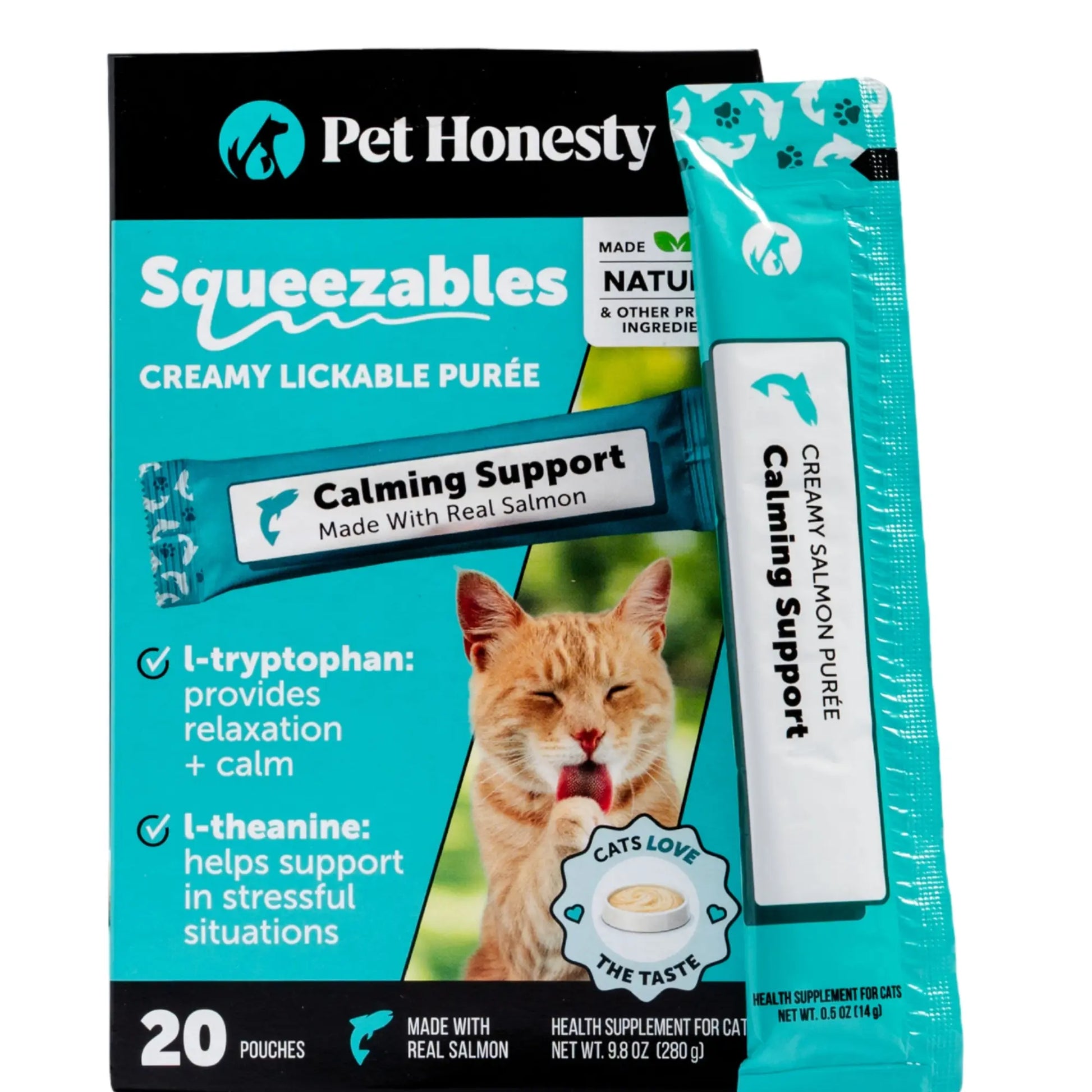 Pet Honesty Squeezables Calming Supplement Lickable Purees for Cats with Real Salmon, 20 Pouches
