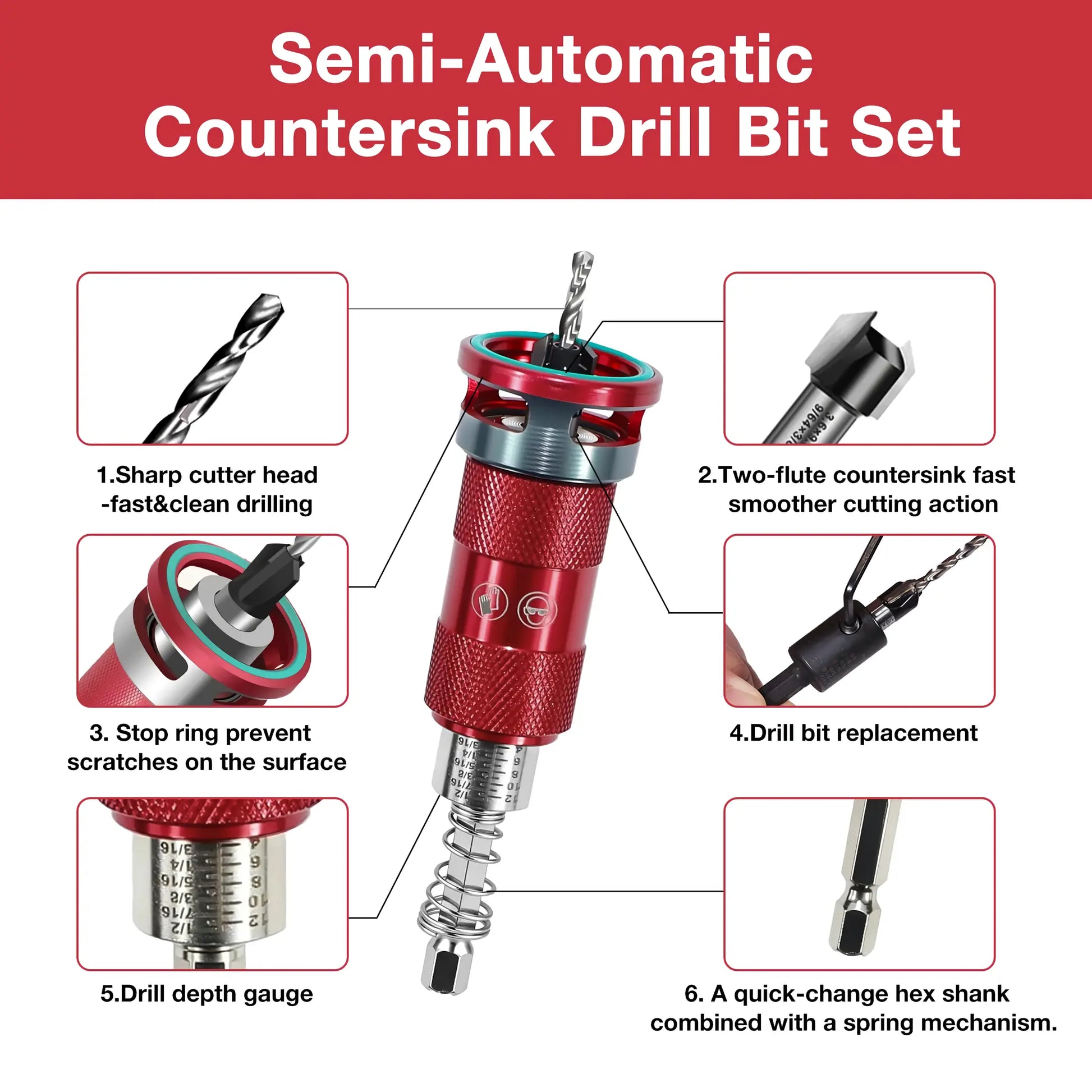 Quick Adjust Countersink Drill Bit Set with Aluminum Depth Stop Collar 5 Replaceable HSS M2 Bits 1/4 Inch Hex Shank Woodworking Tool for Hardwood and MDF
