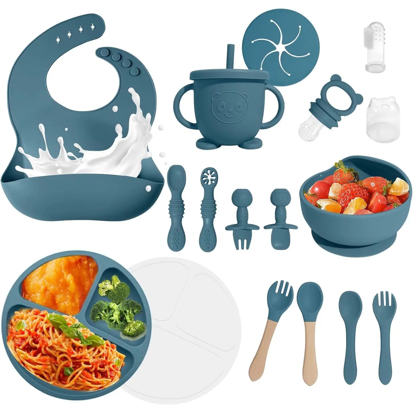 Baby Led Weaning Supplies, 8 Piece Bpa-Free Silicone Feeding Set, Silicone Suction Bowl, Forks & Spoons, Bib & Cup, Develops Self Feeding Skills, Dishwasher Safe, 6+ Months (Pink) Dinnerware