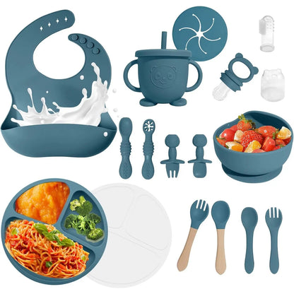 Baby Led Weaning Supplies, 8 Piece Bpa-Free Silicone Feeding Set, Silicone Suction Bowl, Forks & Spoons, Bib & Cup, Develops Self Feeding Skills, Dishwasher Safe, 6+ Months (Pink) Dinnerware