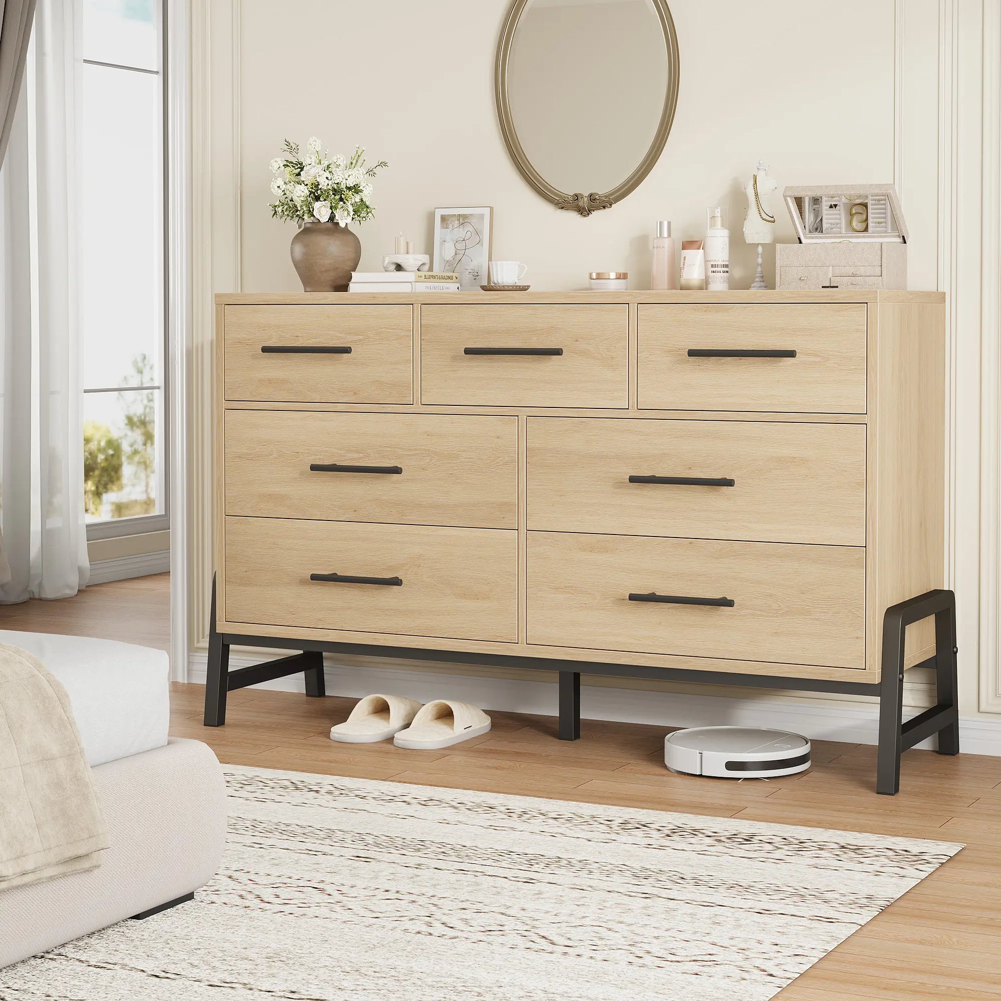 Modern 7-Drawer Wide Dresser for Bedroom - Freestanding Wooden Storage Chest - Large Drawers for Entryway, Living Room, or Closet - Natural Oak Finish