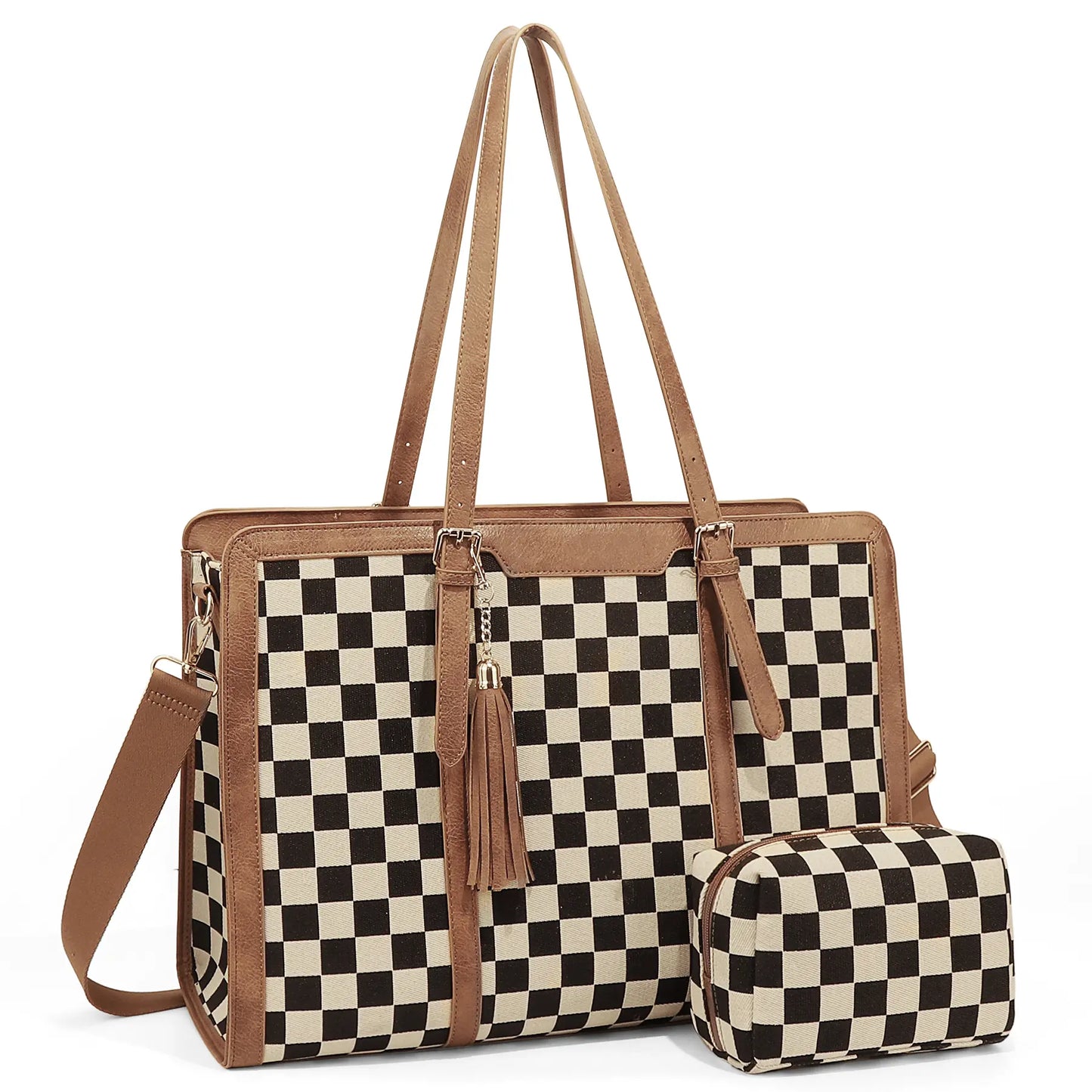 GAINSNS 2-Piece Checkered Plaid Tote Bag Large Laptop Tote Bag for Women Checkered Shoulder Purse Handbags for Work Travel