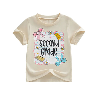 Toddler Baby Little Girl Back to School T Shirts Short Sleeve Grade Print Casual Summer Tops 4-11 Years