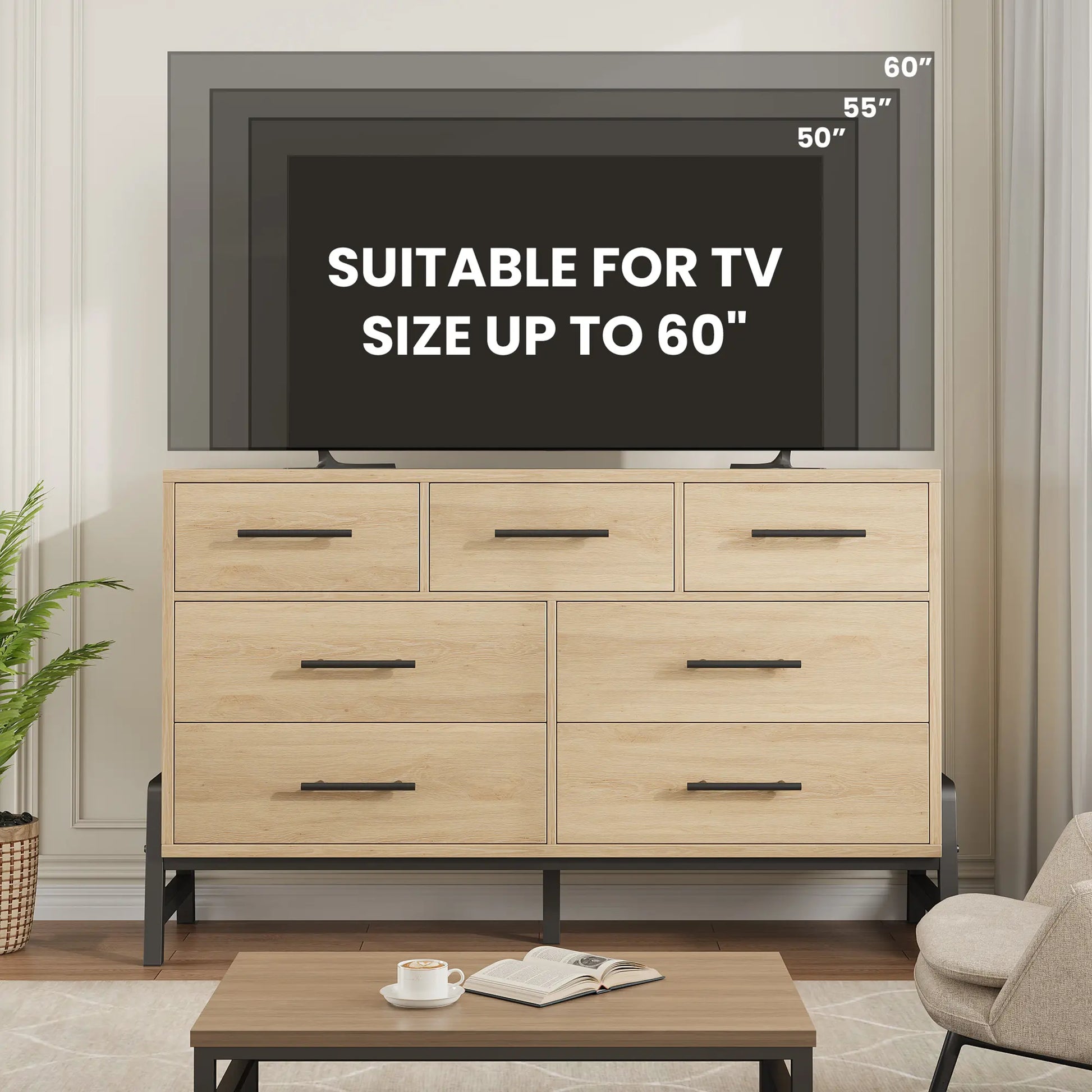Modern 7-Drawer Wide Dresser for Bedroom - Freestanding Wooden Storage Chest - Large Drawers for Entryway, Living Room, or Closet - Natural Oak Finish