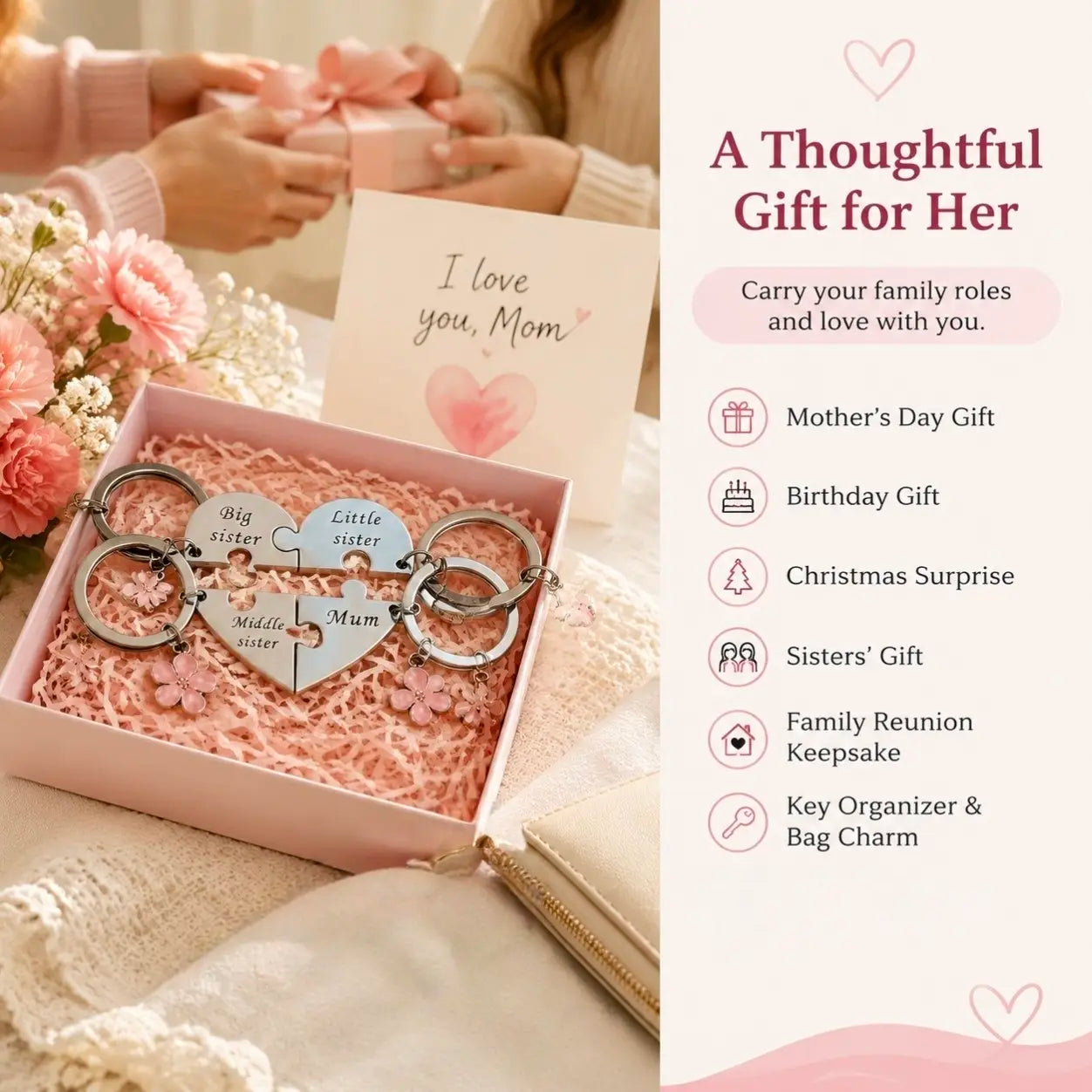 Mother Daughter Keychain for 4 – Mom & Three Sisters (Big, Middle, Little) – Thoughtful Gift for Mother’S Day, Birthday, or Any Occasion