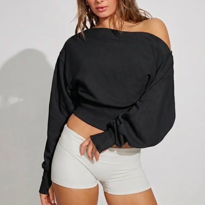 Fisoew Women'S Autumn/Winter Solid Color Casual Y2K Basic Off-Shoulder Sweatshirt — Elastic Street Style Top for Daily Wear & Back-To-School Streetwear