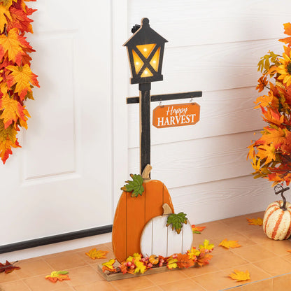 Glitzhome 36"H Rustic Lighted Wooden Pumpkin Lantern Lamp Post, Festive Decoration with Timer, Knock-Down Entryway Holiday Ornaments for Porch