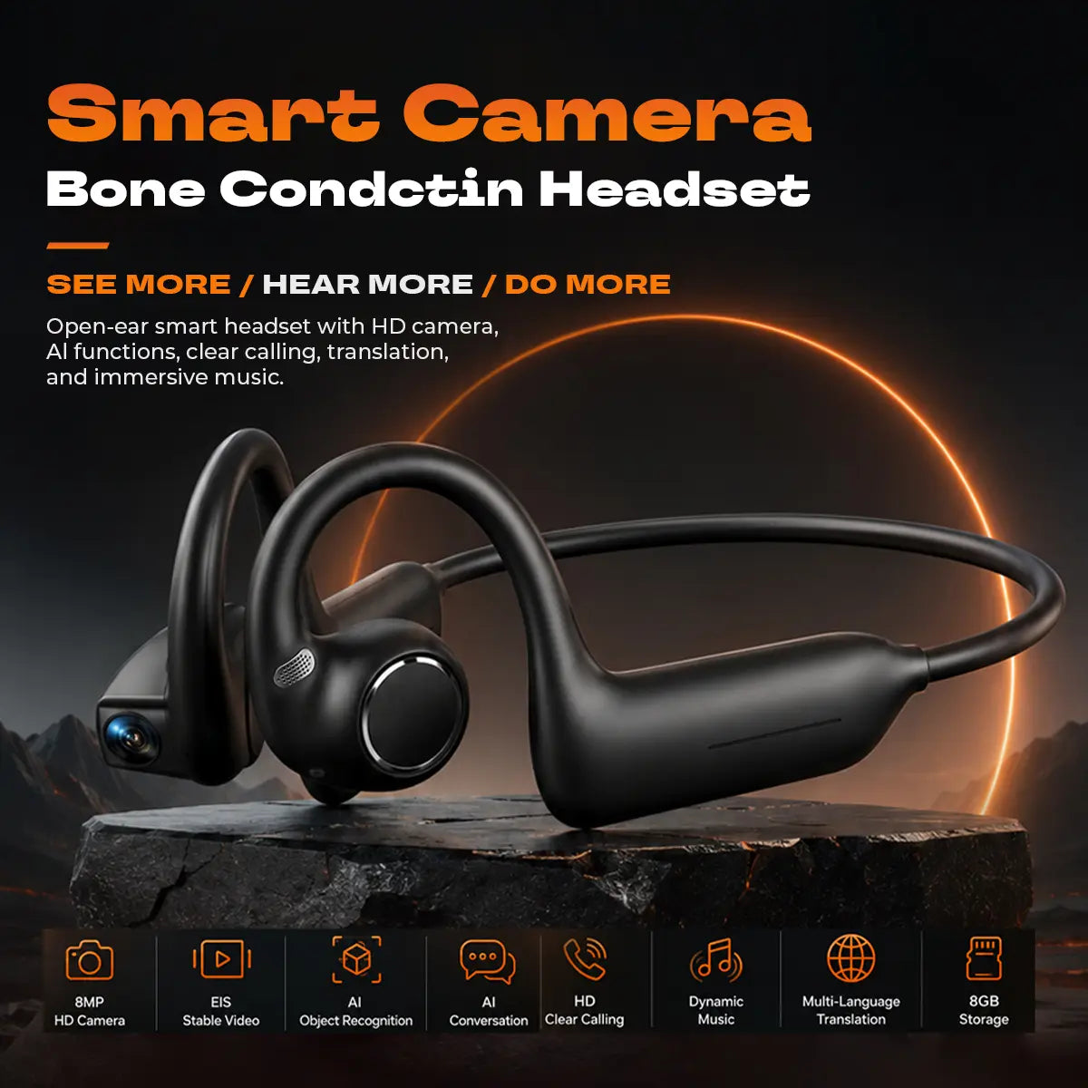 E12 Bone Conduction Bluetooth Headphones with 8MP EIS Stabilized Camera, 160+ Languages Instant Translation, Touch & Button Control, IP54 Waterproof Wearable Headset for Outdoor Cycling Vlog Recording Sports & Daily Communication