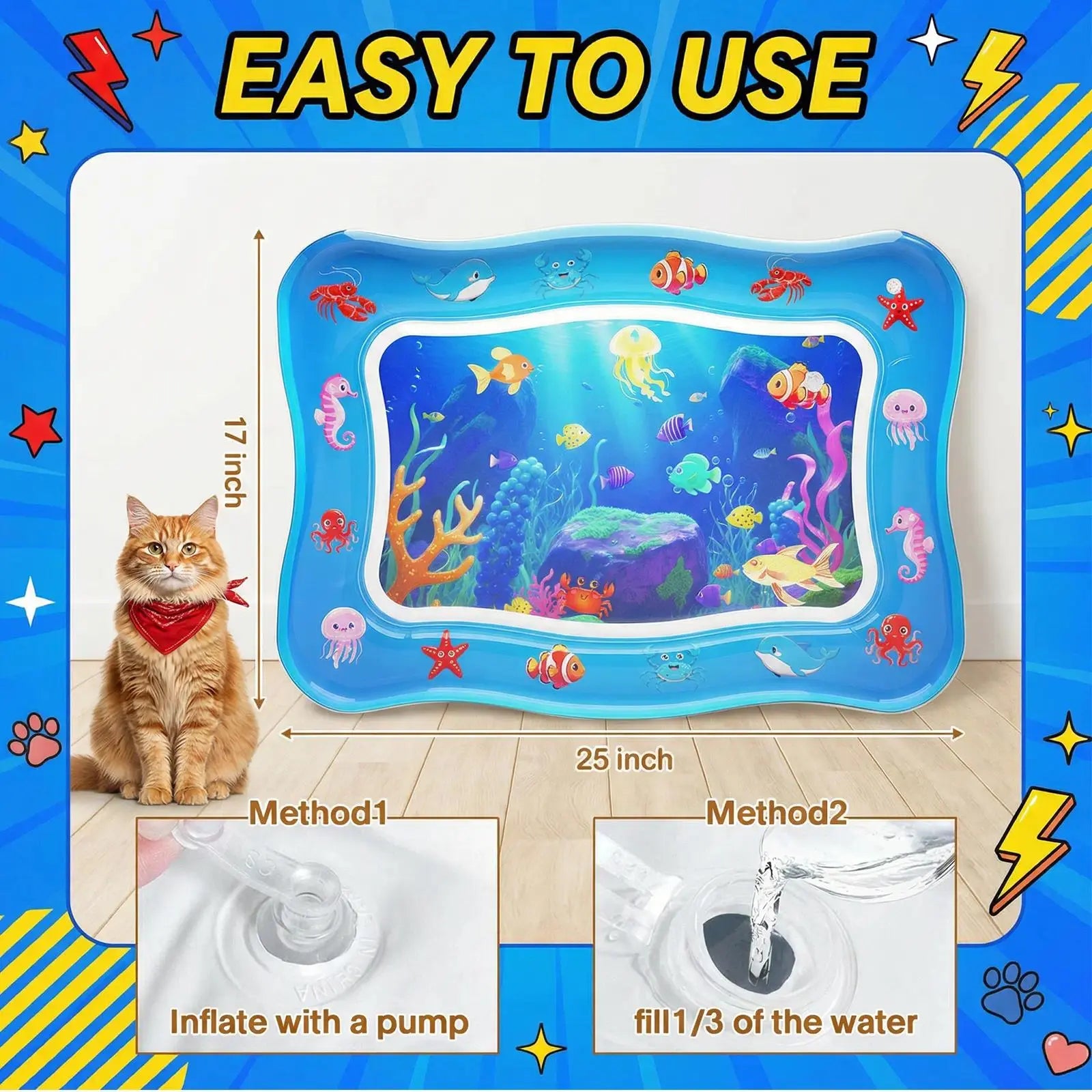 Catpick Cat Water Mat - Upgraded 0.7Mm Thick PVC Interactive Cooling & Heating Bed with Floating Fish, Anti-Scratch Leak-Proof Foldable Water Sensor Play Mat for Cats (17X25In) Dog Accessories Puppy Winter Warm Pet Washable Couch Indoor Cama Para Zon Pad