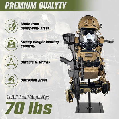 Heavy Duty Tactical Gear Stand Helmet Vest Belt Display Rack, All-Steel Adjustable Tactical Vest Hanger, Hold up to 70 Lbs, Silicone Base