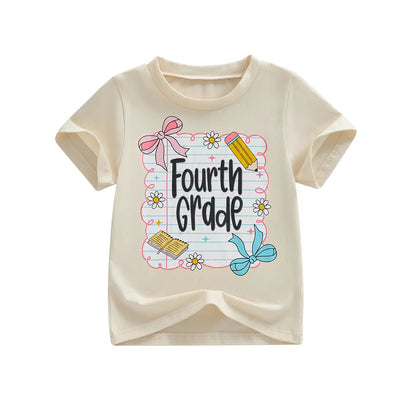 Toddler Baby Little Girl Back to School T Shirts Short Sleeve Grade Print Casual Summer Tops 4-11 Years