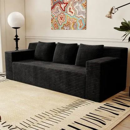 71-Inch 3-Seat Boneless Sofa, Corduroy Foam Couch with 3 Throw Pillows, Straight Arms, Side Pockets, No Assembly Required