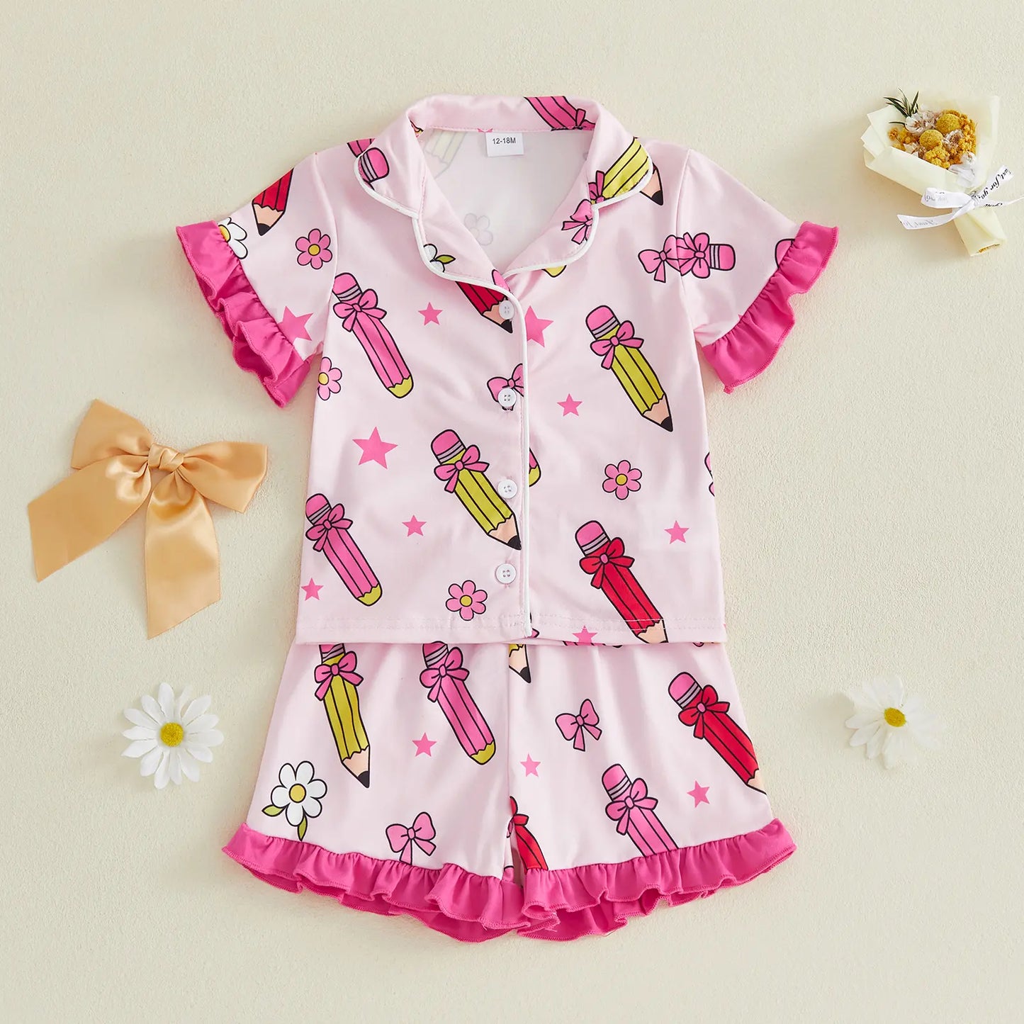 Toddler Girl Back to School Silk Pajamas Short Sleeve Apple Pencil Bow Print Shirt+Shorts First Day of School Outfit