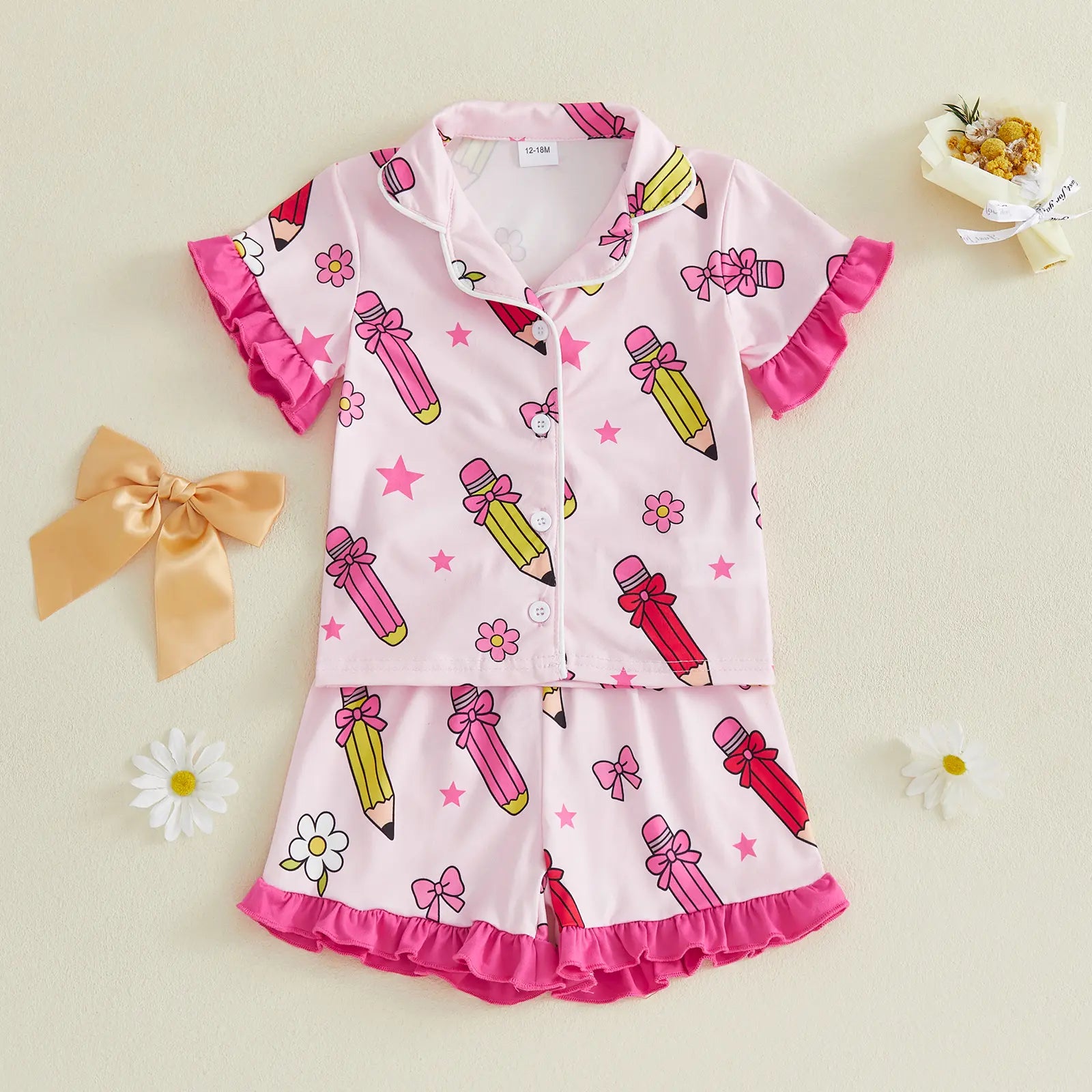 Toddler Girl Back to School Silk Pajamas Short Sleeve Apple Pencil Bow Print Shirt+Shorts First Day of School Outfit