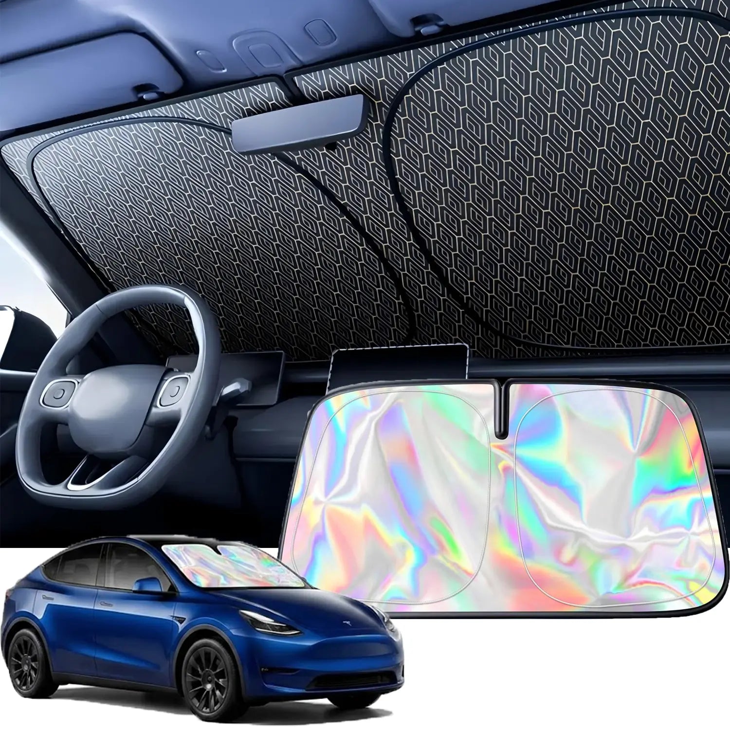 #Summervibes Laser Car Windshield Sunshade Iridescent Sun Shade, Foldable Universal Upgrade Enhanced UV Rays Reflective Sun Visor Shade Keeps Vehicle Cool #Summervibes