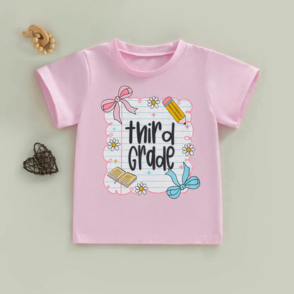 Toddler Baby Little Girl Back to School T Shirts Short Sleeve Grade Print Casual Summer Tops 4-11 Years