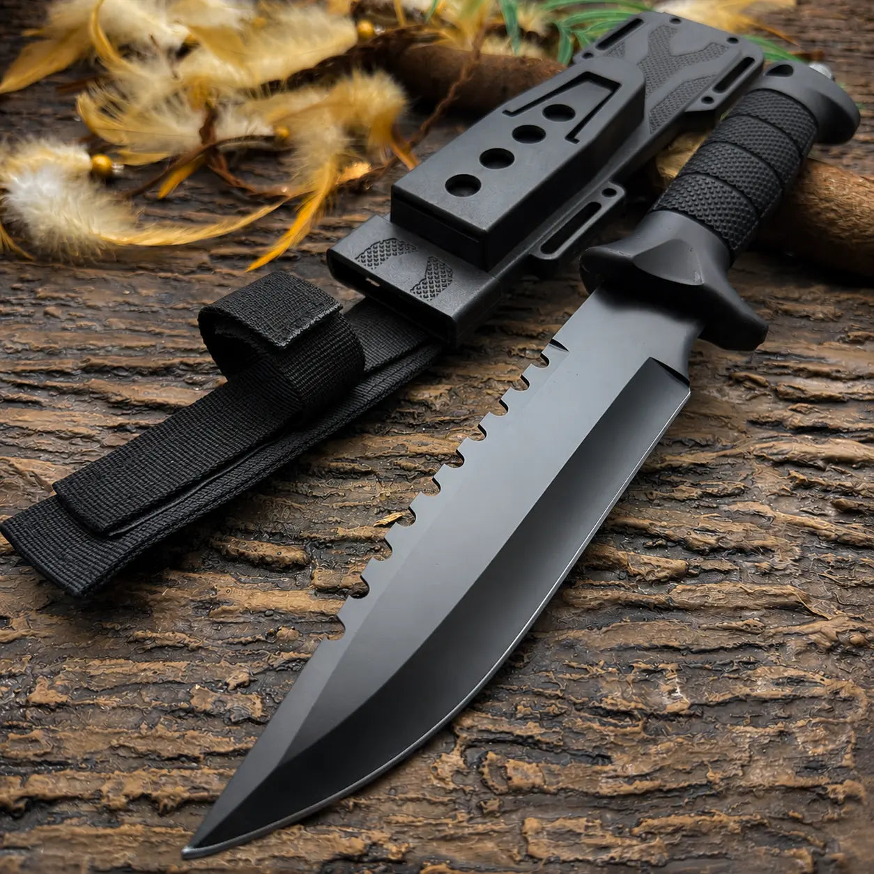 Multi Profile Kitchen Meat Cutting Knife - Black Coated Stainless Steel Fixed Blade with Segmented Textured Anti-Slip Handle for Household Food Prep, Kitchen Knives