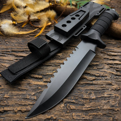 Multi Profile Kitchen Meat Cutting Knife - Black Coated Stainless Steel Fixed Blade with Segmented Textured Anti-Slip Handle for Household Food Prep, Kitchen Knives
