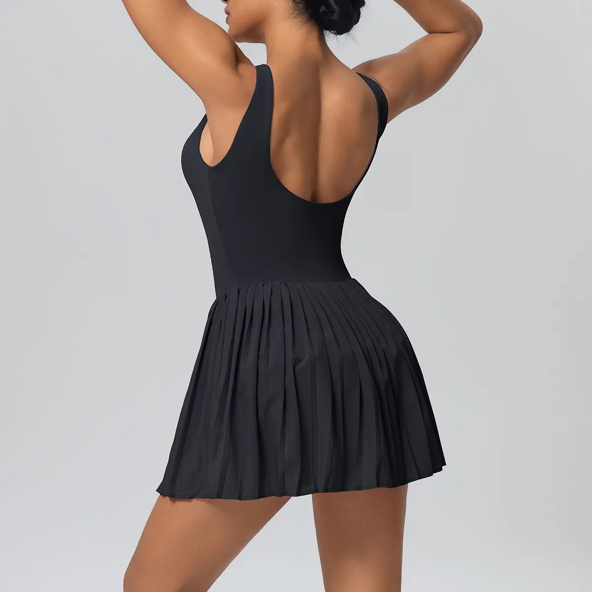 Womens Square Neck Tennis Dress Pleated Sleeveless Built in Shorts Golf Athletic Dress with Pockets High Waisted Pleated A-Line Short Skirt