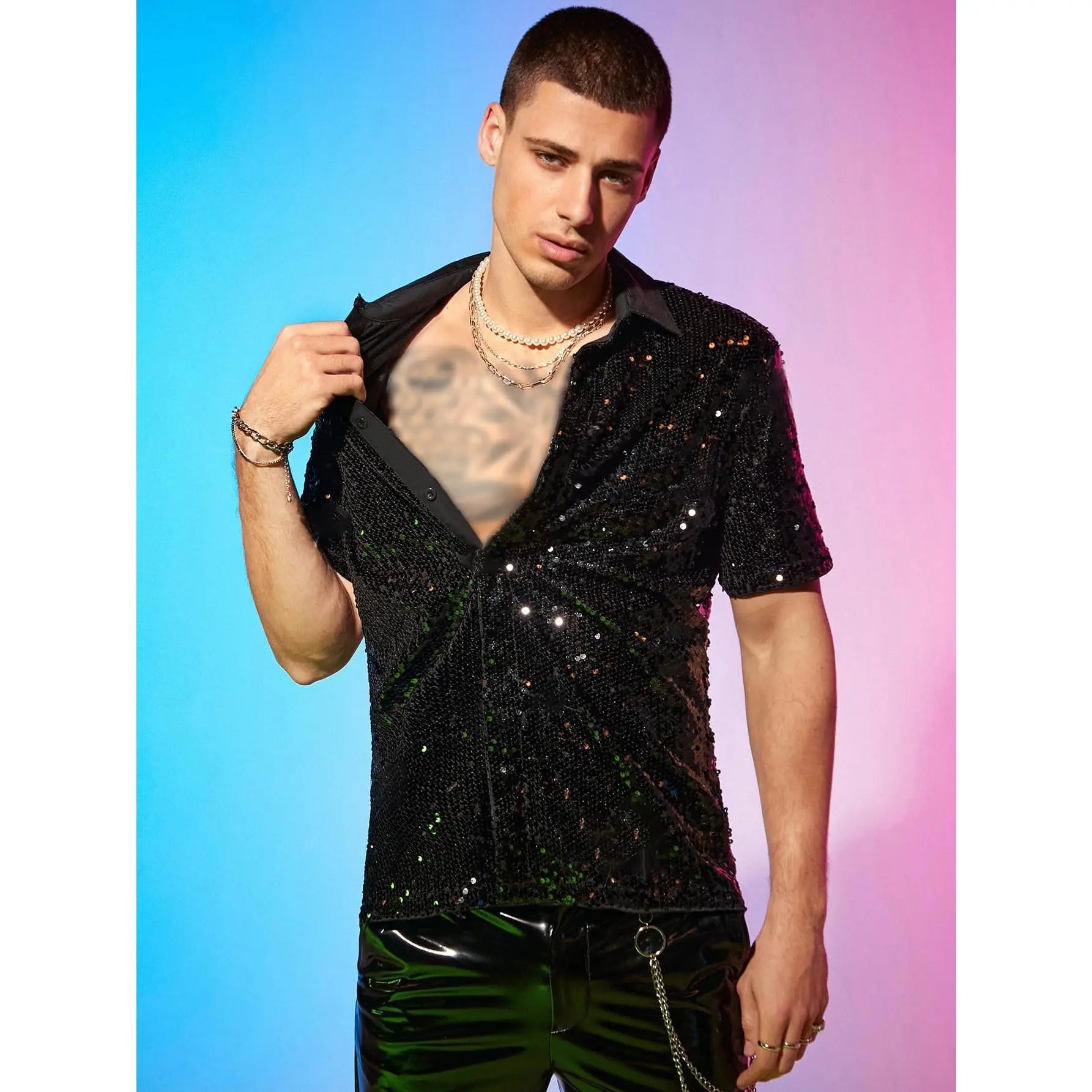 Men'S Short Sleeve Sequin Collared Shirt - Color Block Button-Down Menswear Top, Soft Polyester Fabric for Evening Club Nights, Men'S Fashion Party Wear