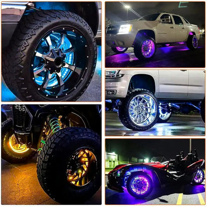 Ultimate 4PCS RGB LED Wheel Ring Light Kit with APP & Remote Control for Car Truck - IP67 Waterproof Decorative Light Accessories, Chasing Flow RGB Rim Light, RGB Coaxial Speaker Lights with Bluetooth