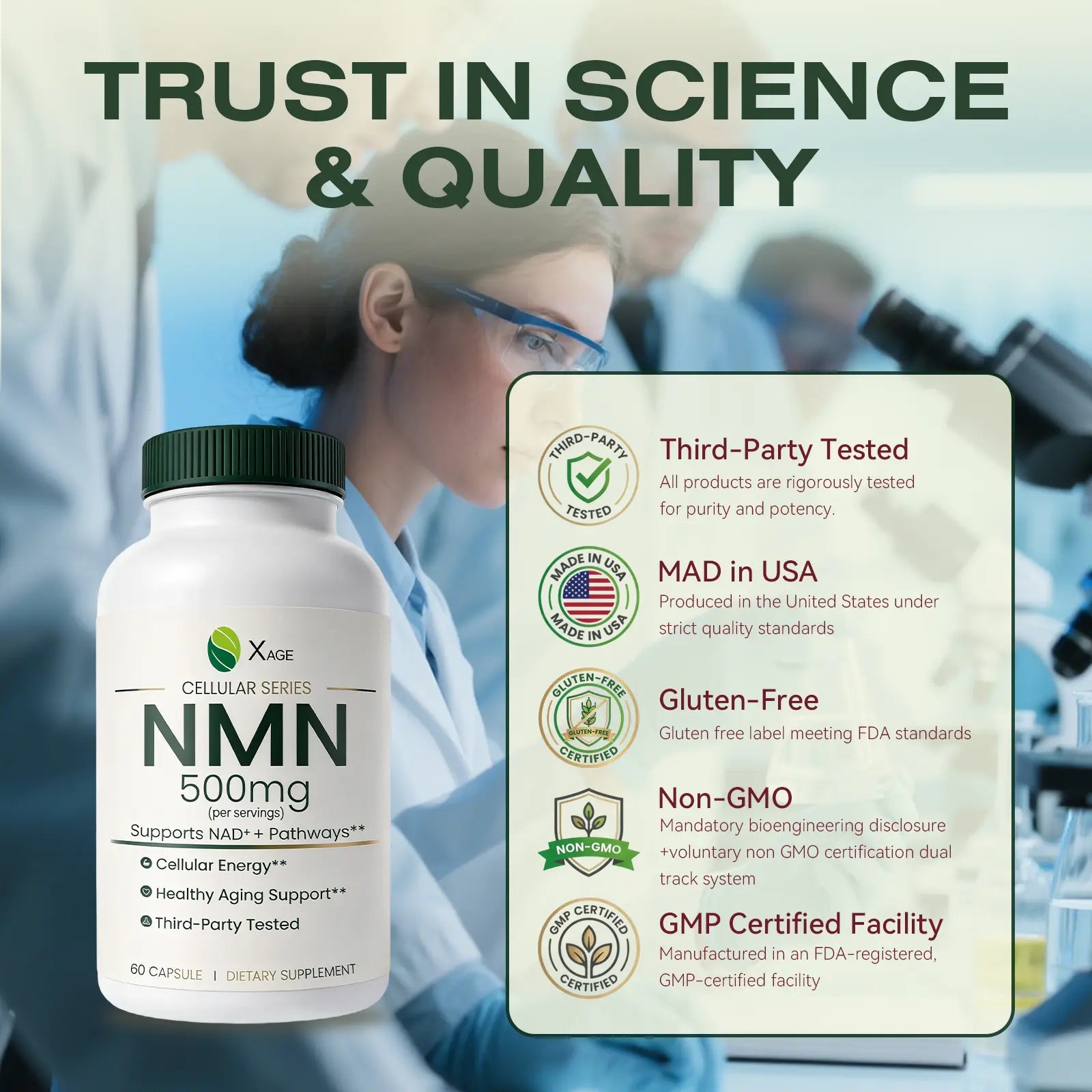 XAGE NMN 500Mg Antioxidant Capsules - Edible Dietary Supplements for Cellular Energy Support, Metabolism Boost, Body Health