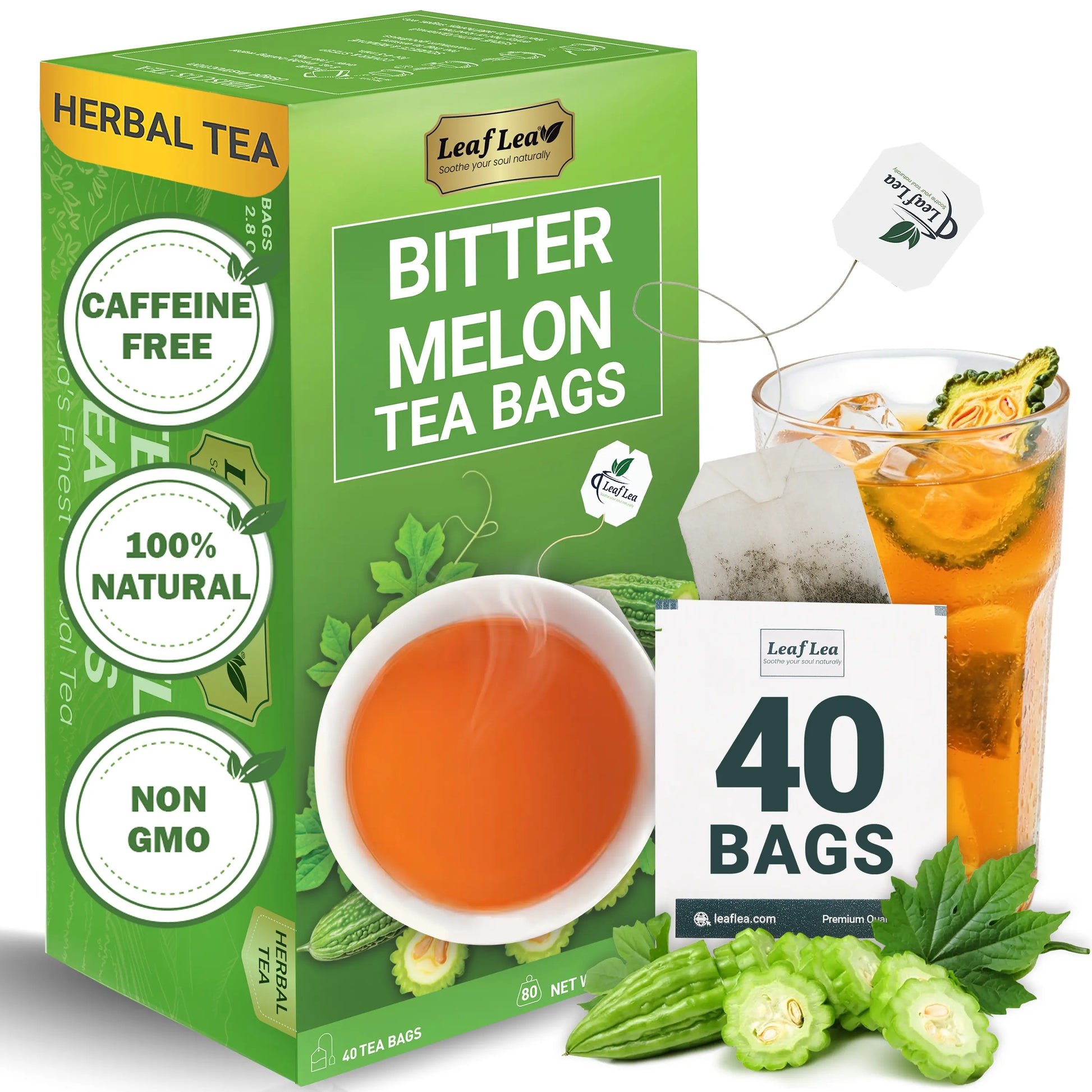 Leaflea Natural Bitter Melon Tea Bags, Cundeamor Herbal Tea Bags – Melon Amargo Gohyah Fruit Tea, Wellness & Digestion Support, Caffeine-Free, Non-Gmo, Sugar-Free, Vegan