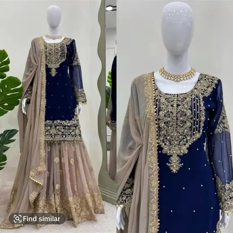 Women Faux Georgette Sharara Indian Suit Party Wear Wedding Set