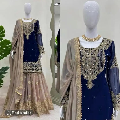 Women Faux Georgette Sharara Indian Suit Party Wear Wedding Set