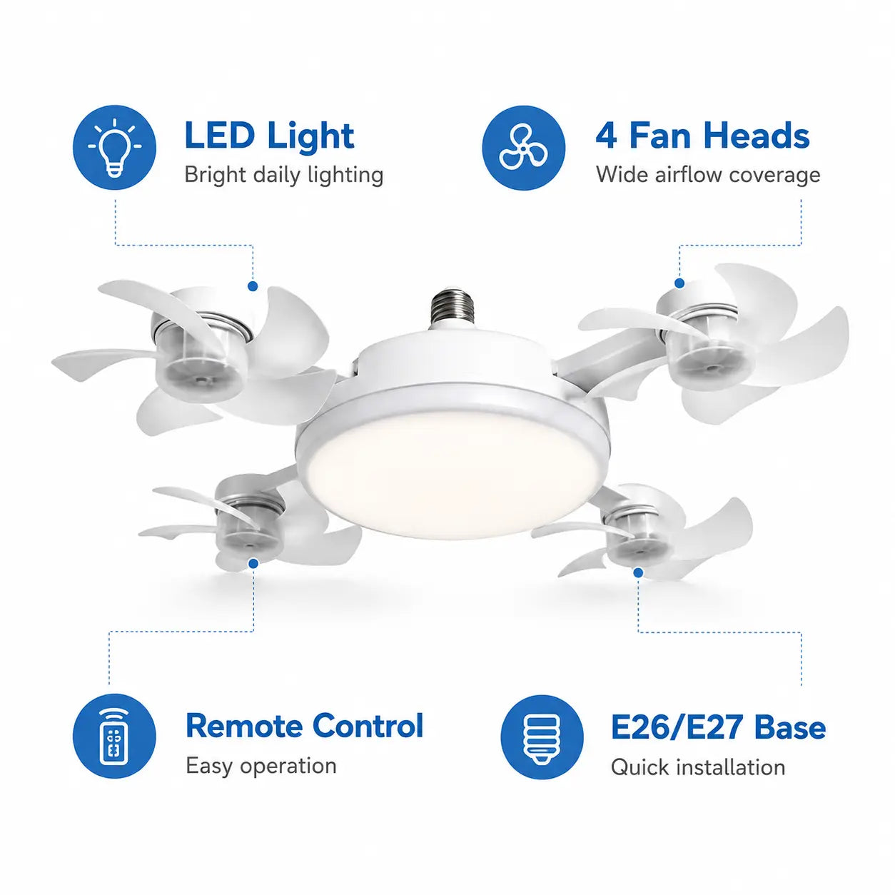Ceiling Fan Light with Remote Control, 19.69 Inch Screw in Fan Heads, Quiet Airflow & Bright Lighting, Easy LED Fan Light, E26/E27 Base Foldable Ceiling Fan with 4 Installation for Bedroom, Living Room, Kitchen, Office, Dorm, Small Room Use