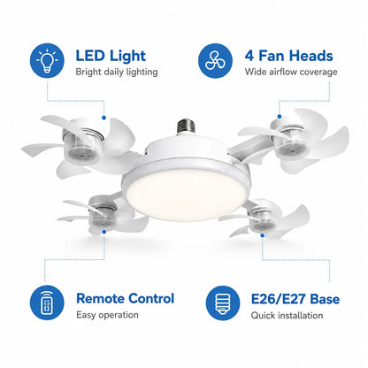 Ceiling Fan Light with Remote Control, 19.69 Inch Screw in Fan Heads, Quiet Airflow & Bright Lighting, Easy LED Fan Light, E26/E27 Base Foldable Ceiling Fan with 4 Installation for Bedroom, Living Room, Kitchen, Office, Dorm, Small Room Use