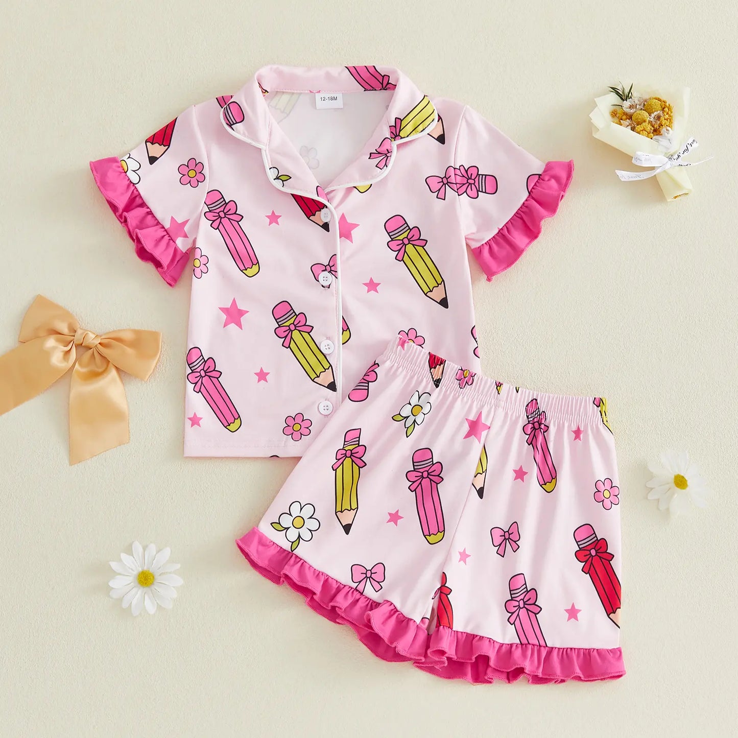 Toddler Girl Back to School Silk Pajamas Short Sleeve Apple Pencil Bow Print Shirt+Shorts First Day of School Outfit