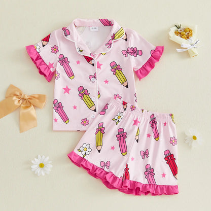 Toddler Girl Back to School Silk Pajamas Short Sleeve Apple Pencil Bow Print Shirt+Shorts First Day of School Outfit